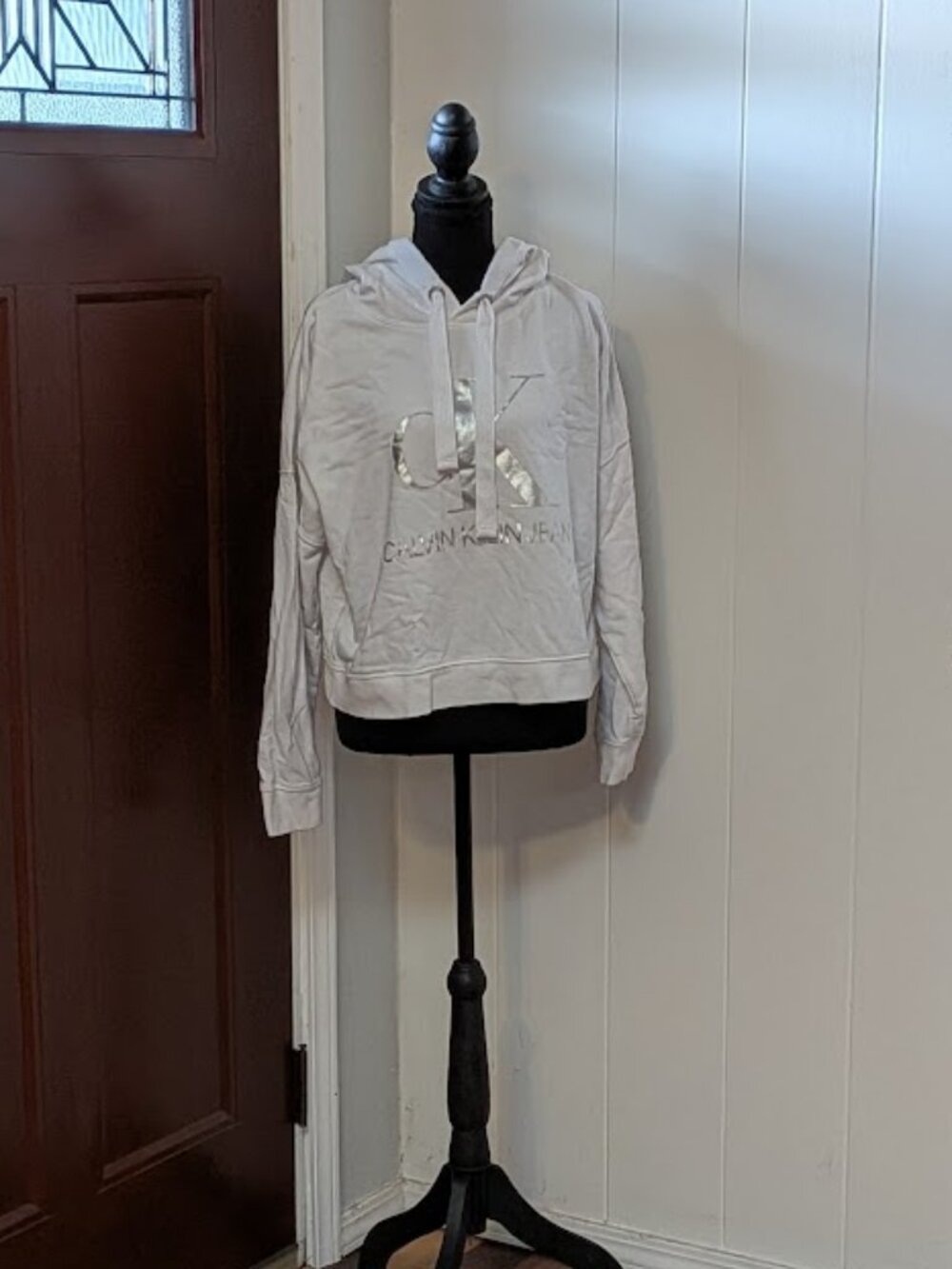 White Calvin Klein Silver Foil Print Cropped Style Hoodie Size Medium